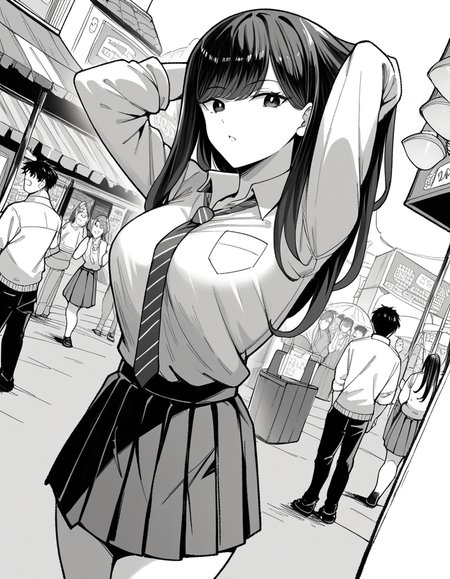 score_9, score_8_up, score_7_up, source_anime, <lora:manno-kuroda-manga-ponyxl-lora-nochekaiser:1>, kuroda, greyscale, monochrome, large breasts, long hair, bangs, school uniform, skirt, necktie, pleated skirt, rolled-up sleeves, shirt, collared shirt,, street market, vendor, street food, bustling crowd, local flavor, vibrant, , looking at viewer, hands behind head,, solo,, cowboy shot, dutch angle