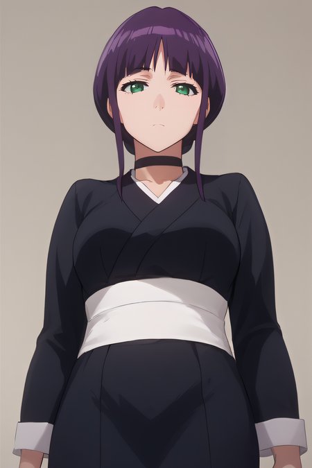 score_9, score_8_up, score_7_up, source_anime, rating_safe, intricate details, <lora:Kurotsuchi_Nemu:1>, nemu, purple hair, green eyes, looking at viewer, simple background, frontal view, black kimono, white sash, long sleeves, expressionless, mature woman, short skirt, cowboy shot, standing, choker, from below, <lora:A_Vivid_PonyDif:1>, vividpony, indoor