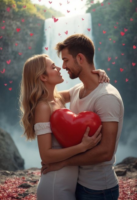 The image is a digital illustration of a young couple in a romantic embrace. The couple is standing close together, with the man holding a large red heart in his hands. The woman has long blonde hair and is wearing a white off-the-shoulder dress, while the man has dark hair and a beard. They are both looking up at each other with a loving expression on their faces. The background is filled with red hearts, creating a romantic and whimsical atmosphere. The overall mood of the image is one of love and affection. in front of a large waterfall and a forest.