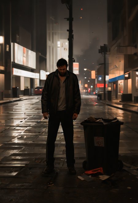 pile of garbage, street, modern city at night, drunk man vomiting, streetlight reflections, puddles of filth <lora:sd_xl_offset_example-lora_1.0:0.4> <lora:Projext_X2:-1.0> <lora:Night_in_Tokyo_by_Styx:0.75>