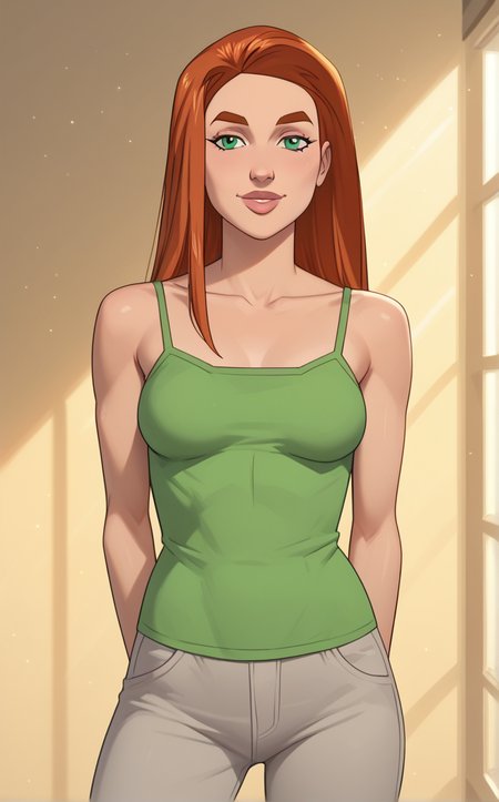 score_9, score_8_up, score_7_up, absurdres,contrapposto, arms behind back, cowboy shot, looking at viewer, backlighting, light smile, light particles, blurry background, depth of field, bloom, gradient background, yellow background, spotlight,  <lora:PONYXL_Invincible_AtomEve_ownwaifu:1>, BREAK GreenTankTop_AtomEve_ownwaifu, 1girl, orange hair, shiny hair, straight hair, eyelashes, green eyes, long hair, nose, thick eyebrows, thick lips, bare shoulders, breasts, collarbone, green tank top, grey pants, camisole,     <lora:add-detail-xl:0.15>,