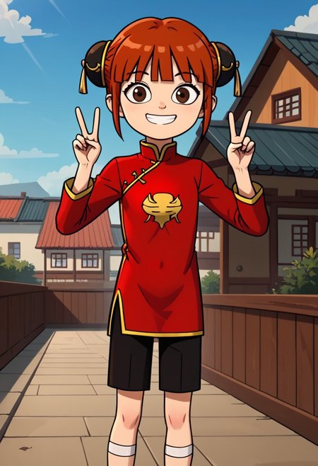 score_9, score_8_up, score_7_up, 1girl, solo, Fiore_DC, light skin, brown eyes, red hair, short hair, Double bun, bun cover, black bun cover, bangs, white socks, sandals, Chinese clothes, China dress, red cheongsam, long sleeves, black pants, big eyes, young, petite, small body, short body, child, flat chested, social smile, perfect eyes, perfect smile, looking at the viewer, detailed eyes, perfect eyes, standing, five fingers, perfect hands, hands sign peace, high-tech oedo town, blue sky, daytime, good weather, nice