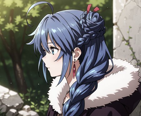 masterpiece, best quality, very aesthetic, absurdres, anime, detailed, detailed background, ruins, BREAK, phoena/(cc/),1girl,solo,blue eyes,blue hair,long hair,bangs,hair ornament,hair ribbon,hair between eyes,braid,single braid,hair bun,single hair bun,hair over shoulder,ahoge,earrings,hood,hood down,cloak,fur trim