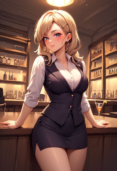 score_9,  score_8_up, score_7_up , rana,n hairclip, office lady,
1girl, light blush, drinking glass, bar, dim lighting