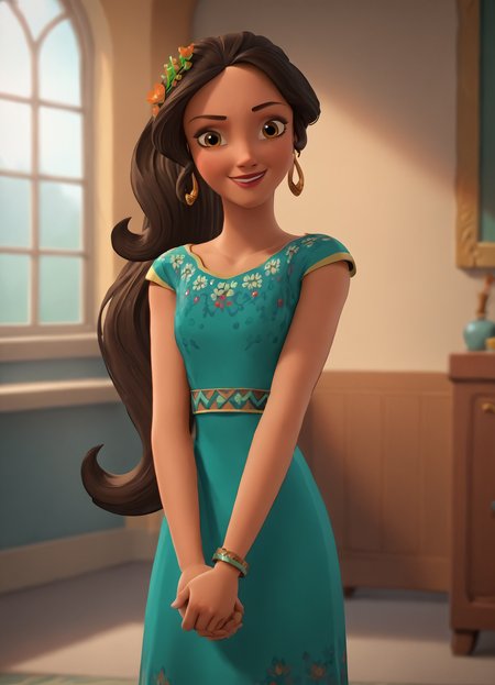 <lora:ElenaPony1.0:0.9>1girl, brown hair, solo, long hair, hoop earrings, hair flower, brown eyes,  lips, smile, makeup, bracelet, ponytail, score_9, score_8_up, score_7_up, score_6_up, score_5_up, score_4_up, looking at viewer, cowboy shot,green dress, indoors, holding own arm,