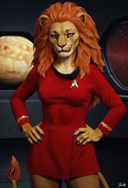 score_8_up, caitian, caitian female, solo, orange fur, yellow eyes, stunf,star trek uniform red dress, tail tuft, long hair, ginger hair, big hair, scifi spacestation interior, space, [happy], seductive, looking at viewer, hand on hip, lion tail, eyes half-closed, claws, slitted pupils   <lora:Caitian_V2-000007:0.6>  <lora:ponytosnewV2:1>