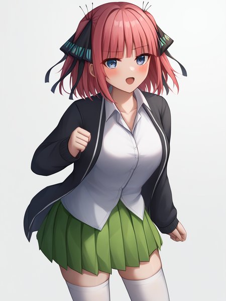 score_9,score_8_up,score_7_up,<lora:go-toubun_no_hanayome_5girl:1>,white_shirt, open_mouth, zettai_ryouiki, nakano_nino, cowboy_shot, solo, hair_ribbon, :d, dress_shirt, 1girl, white_thighhighs, highres, pleated_skirt, collarbone, green_skirt, black_ribbon, white_background, standing, collared_shirt, black_cardigan, wing_collar, blush, open_cardigan, school_uniform, long_sleeves, miniskirt, simple_background