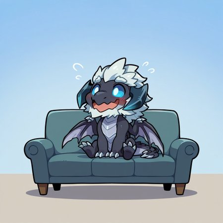 masterpiece,best quality,amazing quality, BREAK, (solo), male, dragon
, elder_dragon, low horns, upper body, wings, claws, happy, 
full body, 
wings out of frame, 
blue sky , (glowing eyes:0.6),
wavy_mouth, (blush:0.7), (chibi), sitting on the sofa