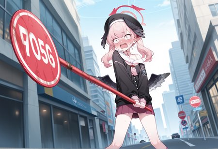 1girl, koharu \(blue archive\), solo, outdoors, city, embarrassed, panicking, wide-eyed, holding road sign, brave_pose, no entry sign,  <lora:Brave_Pose:1>, masterpiece, best quality, amazing quality, very aesthetic, absurdres, highres, newest