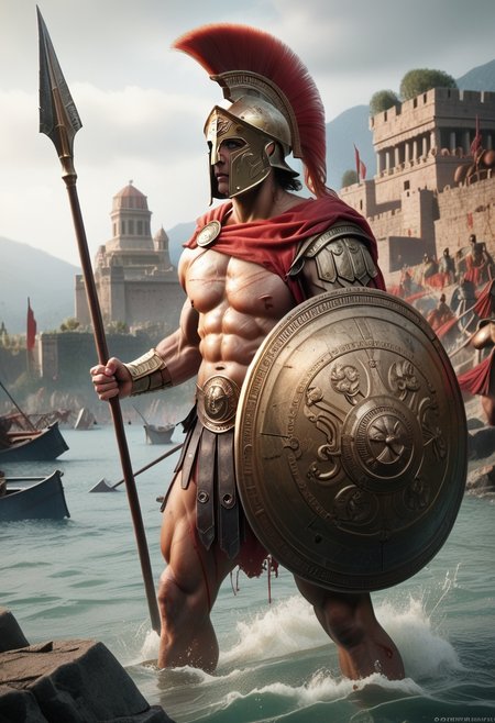 score_9, score_8_up, score_8, male spartan warrior, hyper-realistic, bronze armor, Corinthian helmet, red horsehair crest, muscular physique, large round shield, ancient Greek symbols, battle scars, long spear, poised for thrust, rugged mountainous terrain, dusty battlefield, intense focus, unyielding determination, earthy tones, bronze, brown, historical authenticity <lora:SpartanArmor:0.7> Spartan armor, Spartan helmet, red cloak, <lora:Spartan_Spear_and_Shield:0.7>, spear warrior, background ancient Greek mountain coastline with a view of the Greek Aegean Sea with boats and Greek islands, <lora:add-detail-xl:0.65>, <lora:blood bath-GMR:0.35> Blood Bath,  <lora:d\EnvyActionShotXL01:0.65> action shot