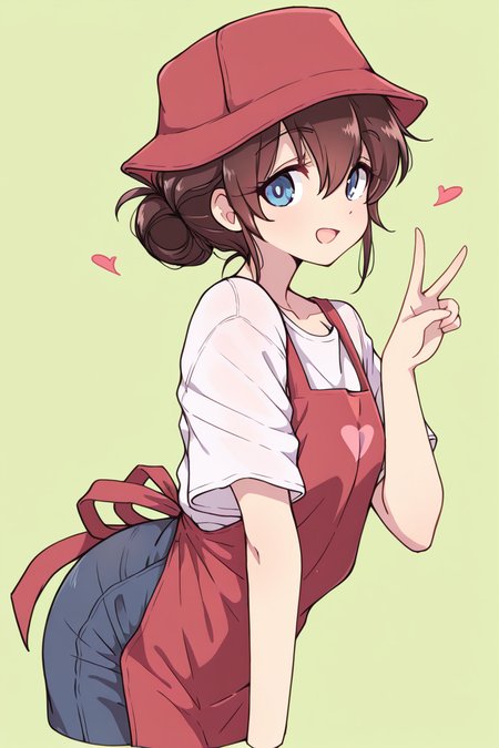 masterpiece, best quality, amazing quality,
 <lora:Melty_IL:1> meltypot, 1girl, solo, apron, hat, v, smile, brown hair, blue eyes, looking at viewer, heart, shirt, open mouth, white shirt, short sleeves, green background, red apron, hair between eyes