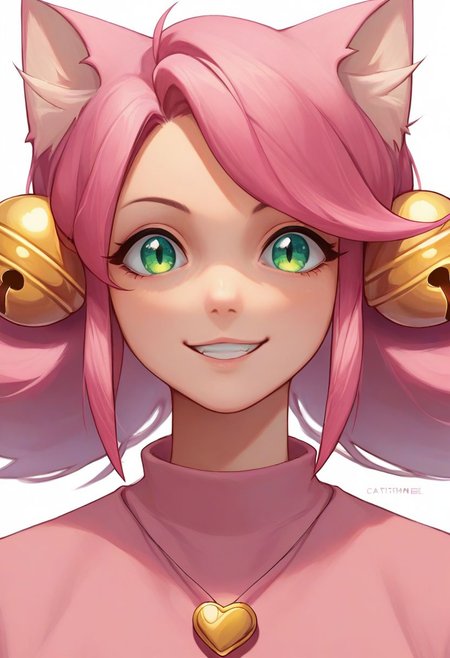 score_9, score_8_up, score_7_up, source_anime, solo, 1girl, Mew Mew, catgirl, pink hair, green eyes, cat ears, bells, pink shirt, heart locket, smile, portrait, close up, half body, standing, arms at sides, looking at viewer, standing, white background