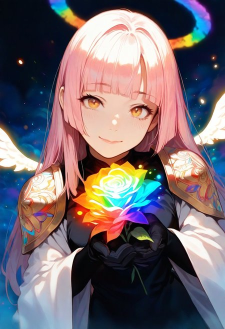 masterpiece, best quality, amazing quality, very aesthetic, absurdres, 
1girl, halo, young, ornate white holy robes, pink hair, shoulder armor, glowing yellow eyes, lips, angel wings, straight hair, (hime style), (hime cut), (blunted bangs), make up, gold embroidery
,magic circles, sweet expression, looks at the flower, close-up of face, face in shadow, body in shadow, dark setting, beautiful black dress, gloves on her hands, thin lips, narrow mouth, cat's smile, solo upper body, angle from above, Dutch angle, hand near the face, holding a flower, rose, rainbow, crystal, fragile, transparent, luminous, magical rose, very beautiful, bright, multicolored, bright magical particles, smoke, fog, multicolored, small, colorful, explosion of colors, soft light, vibrant colors, multicolored rainbow light, focus on face, lots of soft light and colorful particles, colorful, masterpiece, best quality, amazing quality, very aesthetic, absurdres, newest, soft light, explosion of colors, masterpiece, best quality, colorful, bright, multicolored, bright colors of paint, masterpiece, best quality, amazing quality, very aesthetic, absurdres, lots of multicolored rainbow light, focus on the face, lots of soft light, soft colors, lots of colorful particles, dark, hard to see,