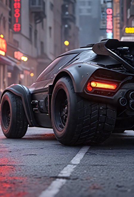 cinematic film still breathtaking (Futuristic Black-Batmobile),side view,intricate details, armored car,missile launcher,oversized tires
Arkham city streets,
bright neon lights,
multicolored lights.
vivid colors, vivid contrast, bold colors, 
white paved road . award-winning, professional, highly detailed . shallow depth of field, vignette, highly detailed, high budget, bokeh, cinemascope, moody, epic, gorgeous, film grain, grainy