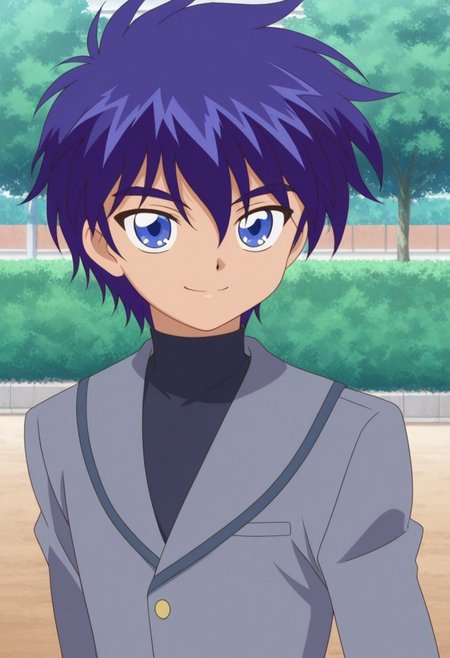 masterpiece,best quality,amazing quality, source_anime, retro artstyle,
sheido, 1boy, male focus, solo, blue eyes, blue hair, school uniform, shirt, black shirt, turtleneck, jacket, grey jacket, smile,
outdoor,