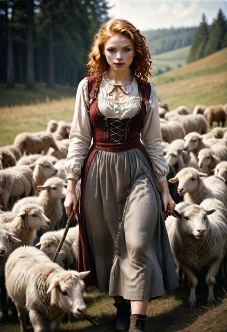 redhead, woman 18 yo, very red curly hair, ginger,
Analog film photograph, extremely detailed, photorealistic, professional photograph,
1girl, grrrl,
wearing homespun peasant dress,
shepherdess holding a shepherd's crook, flock of sheep,