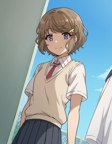 score_9, score_8_up, score_7_up, source_anime, <lora:tomoe-koga-s1-ponyxl-lora-nochekaiser:1>, tomoe koga, short hair, brown hair, blue eyes, hair clip,, skirt, shirt, school uniform, white shirt, short sleeves, pleated skirt, necktie, collared shirt, red necktie, sweater vest,, laundry day, clothesline, drying clothes, domestic life, fresh air, blue sky, smile, looking at viewer, solo,, cowboy shot, dutch angle
