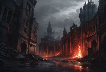 (ultra detailed), (ultra realistic), RAW photo, photorealistic, 8k, high res,lora:add_detail:0.8>, ( dark and gloomy) ,Blood red moon in background, dark thick fog, heavy rain, puddles of blood, lightning and fire,  blood rain,  clouds shaped like broken hearts, old decrepit castle ,  background corpses scattered on the ground, background evil souls rising from the ground,