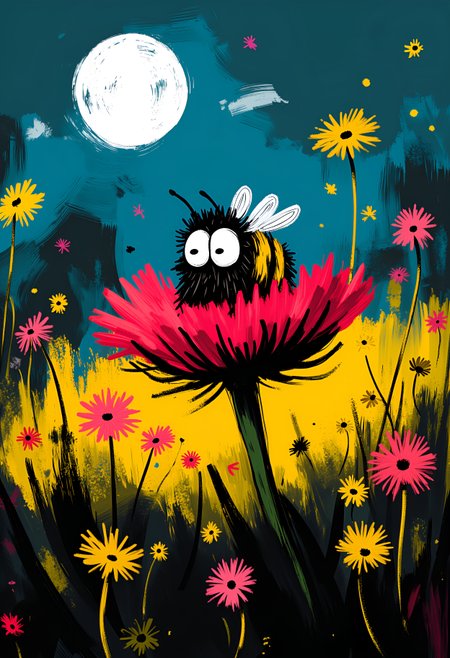 . whimsicalart, darkfairytale, (moonlightart:1.2), (whimsical illustration:1.2), dreamy, moody, fantasy, magic.  a breathtaking closeup shot of a cute little bumblebee sleeping well on a midnightflower on a beautiful meadow under the full moon.  completely satisfied face expression with a hint of a smile, beautiful closed eyes.   masterpiece of fun.  brilliant dark collors, volumetric lighting, god rays.  , <lora:30 style\flux Dark Whimsical Art v1 ()>, <lora:30 style\flux MOONZ WILD v1 ():0.8>, , , , ,
