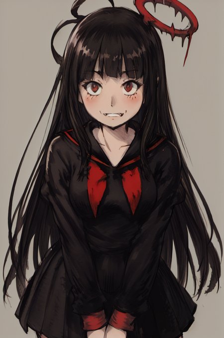 (Yoshida_Akihiko_PonyXL_style_v02.10.01:), solo, EPbaTsurugi, black hair, long hair, red eyes, blunt bangs, ahoge, halo, black wings, black sailor collar, black serafuku, black school uniform, black skirt, red neckerchief, blush, eyelashes, pleated skirt, sailor collar, skirt, sharp teeth, grin, crazy eyes, crazy smile, touching fingers, gray background, black wings, shy, large breasts, (Bravely Default Style), yoshida akihiko, blush, red eyes, shy, blood on clothes, teeth, fangs, <lora:pony\char\game\ba\EPbaTsurugiPony.safetensors>, <lora:pony\style\Yoshida_Akihiko_PonyXL_style_v02.10.01.safetensors>, <lora:styles\yoshida_akihiko_offset.safetensors>, <lora:styles\BravelyDefault.safetensors>, <checkpoint:[Pony] ponyRealism_v21MainVAE.safetensors>, <checkpoint:[SD15] tfmCutesyAnime2_genesis.safetensors>