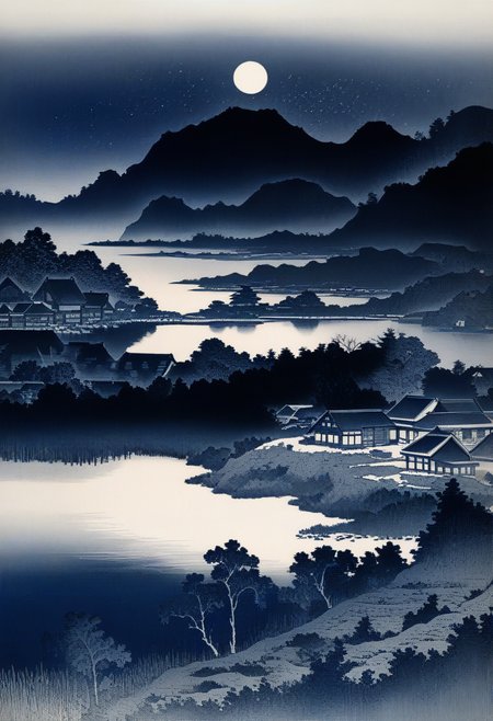 night scenery, lake, village, (best quality), shadowgraph, monochrome, woodcut, highly detailed, KHsty-XL <lora:KHsty-XL-v3-AN-000020:0.7>