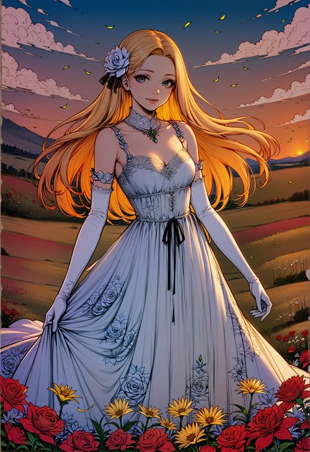 score_9, score_8_up, score_7_up, rating_safe, lineart, flat color,  1girl, solo, long hair, yellow hair, looking at viewer, breasts, dress, floral dress, floral theme, elbow gloves, white gloves, cowboy shot, standing, outdoors, field, flower, roses, lilies, grass, plant, sky, romantic, green eyes  <lora:LineArt Mono Style LoRA_Pony XL v6:0.8> <lora:sdxl\Pony_DetailV1.0>