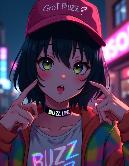 an anime style  close up extreme to the face photo of  a safe for work alternative girl wearing streetwear outfit  and a cap,the clothes have rainbow colors,  the cap of the girl says "Got Buzz?", she also has a choker with glowing colorful letters that say "BUZZ LIFE", she has short black hair, she is looking seductively to the viewer, the model is located at a disco in the outside of a build at night, she is pointing to her cap