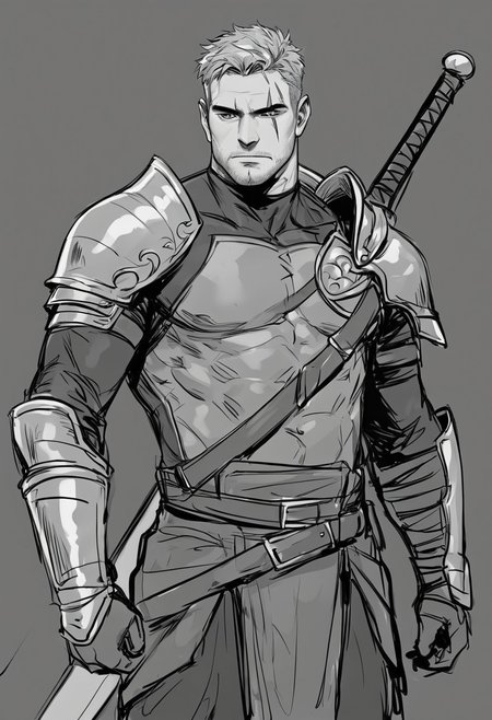 score_9, score_8_up, score_7_up, 1man, solo, male focus, Tall, short messy gray hair, Age 27 year old, rugged man, green eyes, muscular, strong physical, scar on the right eye, Adventurer suit, Big Great Sword on the back, quiet and calm, shoulder armor, standing, outdoor, dark background, manly, closed mouth, mature male, sketch, Serious face