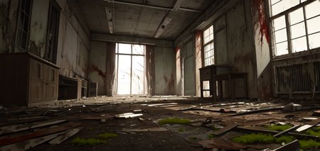 (masterpiece, best quality:1.3),  (horror \(theme\):1.2), (abandoned hospital, moss, blood splatter, bloodstain, indoors), dust cloud, beds, wide shot, dynamic angle,