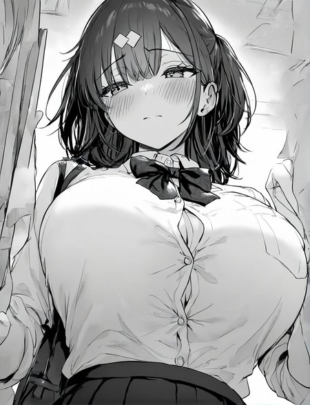 1girl,white shirt,dress shirt,bow,blush,breasts,monochrome,greyscale,large breasts,eyebrows visible through hair,bangs,solo focus,solo,masterpiece, best quality, very aesthetic, absurdres,,<lora:CALM WHITE-NAI:0.8>