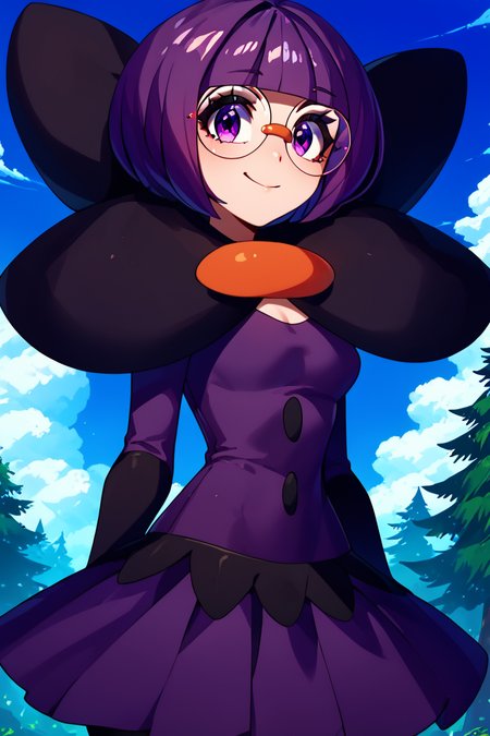 score_9, score_8_up, score_8, medium breasts, (curvy), cute, eyelashes,       ,,, , ,,, zzShauntal, purple eyes, bob cut, glasses, round eyewear, short hair, blunt bangs, purple hair, elbow gloves, purple skirt, skirt, bow, dress, large bow, <lora:Shauntal_Pokemon_PDXL:1.0>,  ,,,, BREAK, smile, looking at viewer, cowboy shot, ,,, outdoors, sky, day, cloud, tree, blue sky, sunny,  ,,, Expressiveh, ,,, <lora:Alola_Style_PDXL:0.8>, <lora:Expressive_H-000001:0.4>,