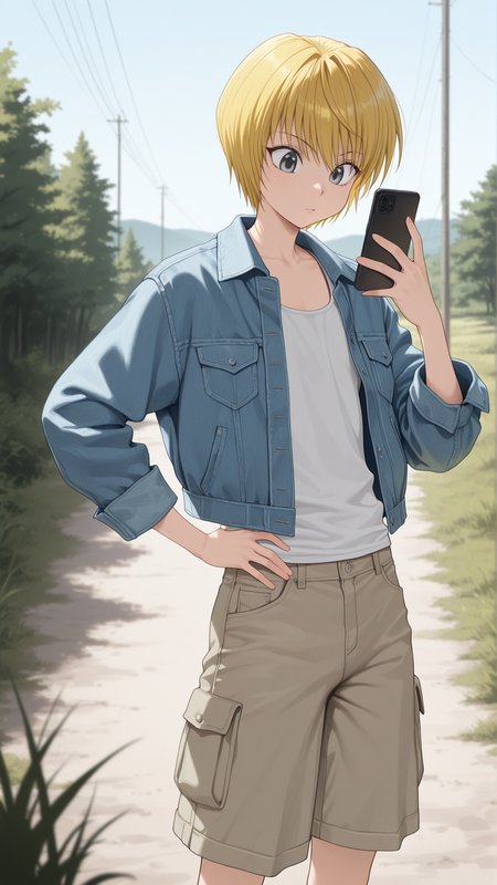 masterpiece, best quality, amazing quality, 1boy, solo,  <lora:IlluKurapika:1> illukurapika, blonde hair, short hair, grey eyes, denim jacket, cargo shorts, tank top, outdoors, on phone, hand on own hip,