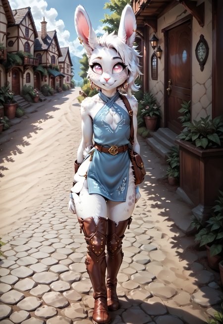 safe_pos, kftenhance, highres, masterpiece, safe_pos, score_9, score_8_up, score_7_up, 1boy, solo, femboy adventurer, realistic textures, realistic fur, D&D, adventurer, wilderness guide, meek, cute, dainty, excited, 
(((rabbitfolk, feminine male, femboy, white fur, detailed fur, body fur, tuft, fluffy, dappled, honeyed freckles, short, delicate features, white medium hair, undercut hairstyle, pink eyes, small and slender, tiny breasts, fluffy chest, thin waist, waspish hips, rabbit nose, pink nose, rabbit ears, long ears, ears down, rabbit tail, plantigrade legs, light eyeshadow, thick butt, nervous smile,))) (((travel clothes, halter top, flowing light-blue tunic, revealing tights, shortbow, earring, thigh high socks, small satchel, bow and arrows, plain boots,))) shopping, skipping, fantasy village, outdoor, <lora:KFT_FSSE_V6.3-000005:0.4>