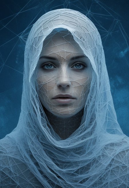 Envision a close-up portrait of a female figure wrapped in ancient, hieroglyph-covered cloth, surrounded by a cold, polygonal blue background. The fabric is aged, with cobwebs adorning its edges, and each hieroglyph is meticulously detailed, adding layers of mystery to the figure. Only their eyes are visible, emanating an otherworldly presence that contrasts sharply with the sharp, crystalline facets of the background. The blue gradient ranges from icy whites to deep navy, giving a sense of an endless, frozen landscape. The detailed textures of the fabric and the clarity of the background facets make the scene feel tangible, as if the figure were a relic preserved within a digital prism. This fusion of ancient and modern aesthetics invokes a haunting and futuristic atmosphere, a glimpse into a world where the past is locked within an icy, geometric void.