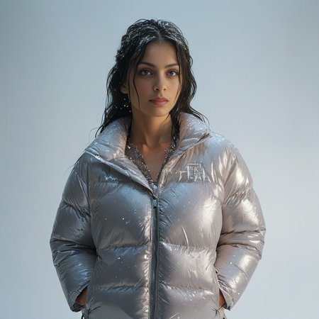 ((nsfw revealing outfit, large cleavage, freezerroom)) scene,squatting one indian 40 year old women in  (glitter <lora:pufferdown_tnf_nuptse:0.7> <lora:snowpants_v1-000003:0.7> tnf_nuptse jacket   shiny quilted nylon puffer cropped vest). A large puffer quilted cloak cropped vest draped over her shoulders and wearing a winter puffer cropped vest. Long wet hair. Ethereal Warrior Princess. freezer room covered in snow and ice, Erotic,  sensual, surreal. Detailed face. Perfect eyes, highly detailed beautiful expressive eyes, detailed eyes. 35mm photograph, film, bokeh, professional, highly detailed dynamic lighting, photorealistic, 8k, raw, rich, intricate details, key visual, vivid colors
<lora:MJ52:1>