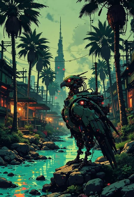 A cybernetic vulture stands at the edge of a shimmering oasis, surrounded by sleek metallic palm trees and pools of water glowing faintly under bioluminescent nanotech vegetation. In the distance, the towering skyline of a cybercity emerges through a haze, its neon lights reflecting on the rippling water. The vulture, perched on a rock, scans the landscape with glowing red eyes, its metal feathers glinting in the soft, refracted light of the oasis