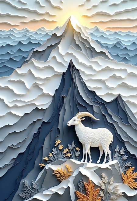 Hyper-detailed paper quilling artwork of a majestic goat standing proudly atop the highest mountain peak, surrounded by a sea of clouds. Intricate paper strips meticulously crafted reveal the goat's strong silhouette, textured fur, and curling horns with three-dimensional depth.
Composition elements:
Goat positioned prominently at the summit, gazing into the horizon.
Precision-cut paper strips in shades of grey and white forming jagged mountain terrain.
Swirling white paper filigree representing soft clouds enveloping the peak.
Subtle light rays breaking through the clouds, creating a serene atmosphere.
Distant mountain ranges layered in the background for depth.
Small quilled details like alpine grass and wildflowers clinging to rocky surfaces.
Technical specifications:
Ultra-high resolution: 16k
Photorealistic paper sculpture technique
Dimensional layering for profound depth
Soft shadowing enhancing three-dimensional effects
Natural color palette inspired by mountainous landscapes
Archival-quality paper for durability
Macro detail rendering highlighting intricate textures
Cinematic lighting illuminating the goat and peak
Subtle depth of field focusing on key elements
aidmaimageupgrader
