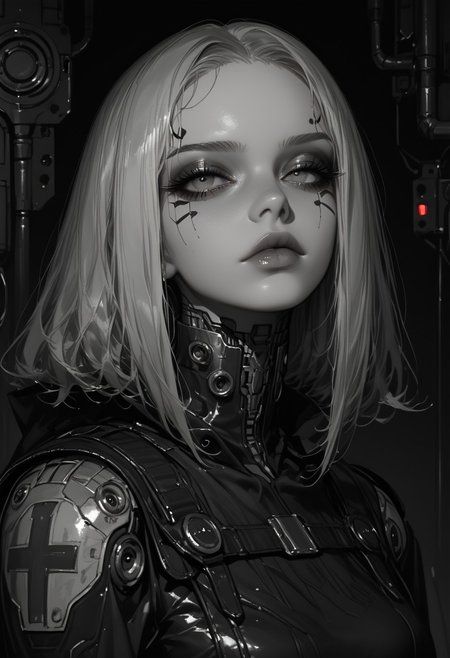 **masterpiece, score_9, score_8_up, hyper-detailed, 8K, full body illustration, avant-garde futuristic metallic outfit, straight shot, sleek high-collar bodysuit crafted from reflective silver and deep black alloy, structured asymmetrical shoulder plates with layered, curved metallic segments, long flowing cape made of translucent, fiber-optic-infused fabric shifting between electric blue and violet, high-waist structured belt with embedded glowing patterns, elongated gloves with delicate metallic detailing wrapping around fingers, cybernetic leggings with geometric etchings, ankle boots with a futuristic, sculpted heel design, luminous green facial markings forming intricate patterns along her cheekbones and forehead, soft yet intense expression, dark smoky eyeshadow with sharp metallic eyeliner, deep crimson lips, porcelain-like skin with subtle iridescent undertones, moody background featuring a vast, illuminated data wall with shifting holographic symbols and abstract futuristic architecture, sinozick style, flat color, dark theme, dark fantasy, surreal elegance, monochrome highlights, gradient effects, mythp0rt, polished textures, dramatic lighting, intricate details, minimalistic backdrop, striking composition, ethereal glow, moody aesthetic** morimee_style, cute face, futuristic elegance, avant-garde, cyberpunk royalty, sinozick style, flat color, dark theme.