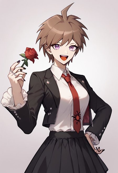 score_9, score_8_up, score_7_up, 
1girl, genderswap (mtf),gender swap, solo,  makoto, brown hair, open mouth, ahoge,
smile, short hair, bangs, celestia ludenberg, official style, looking at viewer, smile, black nail polish, long sleeves, white shirt, flower, frills, print necktie, black skirt, nail polish, open jacket, black jacket, rose, red necktie, red flower, black nails, red rose, gothic fashion, claw ring, cowboy shot, frilled sleeves, frilled skirt, collared shirt,
 <lora:celestia_pony_v3:0.8>