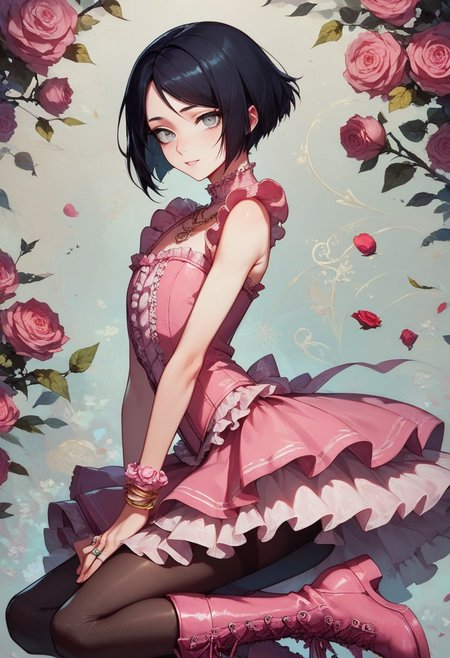 score_9, score_8_up, score_7_up, 1boy, femboy, otoko no ko, short hair, bob cut hair, black hair, grey eyes, gray eyes, feminine face, toned body, Shelly, pantyhose, ruffles, pink rose, thighhighs, flowers, rose corsage, sleeveless, necklace, jewelry, bracelet, pink dress, rose, ring, pink frilly dress, flower, lace trim, frilled dress, ruffle underskirt, underlayment, pink laced boots, highly detailed, intricate, zzCitronCAT, flirty expression, crawling, arched back, side view, looking at viewer, modelshoot, abstract background, solo
