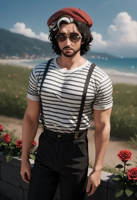 masterpiece, best quality, amazing quality, <lora:verso_illustrious_byJaneB:1> versoe33, multicolored hair,  scar across eye,
1boy, striped shirt, shirt, striped, hat,, sunglasses, flower, suspenders, , rose, blurry, red beret, outdoors, black pants