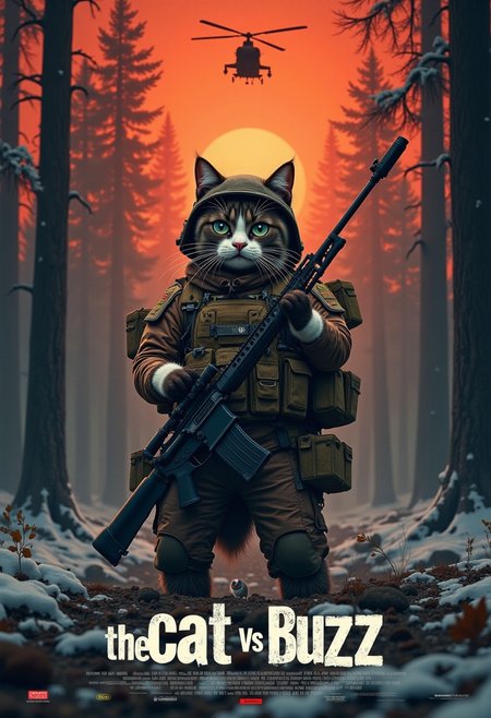 A realistic picture of 4 cat army operator standing in middle of heavy snow,in forest,  cat operator standing holding assault rifle, with modern army tactical suit, Overhead shot of the iconic black Grumpy Cat reimagined as a battle-hardened American sniper in the middle of forest  . Orange Cat, dressed in rugged military gear with a helmet slightly askew, holds a modern rifle with a scope, ready to shoot some enemy mouse that hiding in The ruined forest after bombing round around him is dark and foreboding, with thick foliage, towering ruined forest after heavy war, and a misty atmosphere that hints at the dangers lurking within. In the background, black hawk helicopter soar above the treetops, their silhouettes barely visible through the smoky, war-torn red sky at Sunset. epic with the humorous, deadpan attitude of Grumpy Cat. <lora:schnell_v1.0:0.8>
 mvpstrCE style
((((Display the text "the cat vs rat .. fight for BUZZ!" on a movie poster)))).