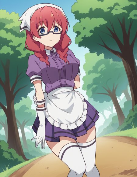 score_9, score_8_up, score_7_up, source_anime, <lora:miu-amano-s1-ponyxl-lora-nochekaiser:1>, miu amano, long hair, bangs, blue eyes, braid, red hair, glasses, twin braids, semi-rimless eyewear, under-rim eyewear, large breasts,, skirt, shirt, thighhighs, gloves, short sleeves, pleated skirt, glasses, puffy sleeves, white gloves, apron, white thighhighs, puffy short sleeves, waist apron, purple skirt, purple shirt, waitress, head scarf,, bike ride, countryside, dirt road, trees, afternoon sun, peaceful, alone, , , foot crossed over, hand behind back, knee bent, solo,, cowboy shot, dutch angle