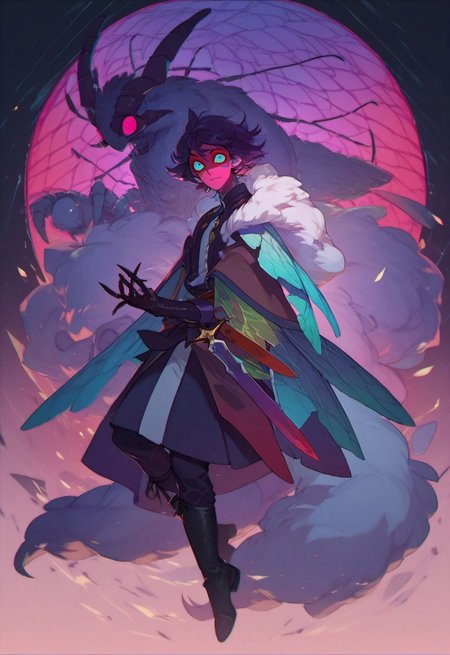 score_9, score_8_up, score_7_up, score_6_up,  faerie rogue, dagger strike, beautiful, dark bold line work, occult singles and runes, heavy black boots, highly detailed face, insect wings, fluffy fur, monster, perfect eyes looking at viewer, colored skin, cyan and purple 