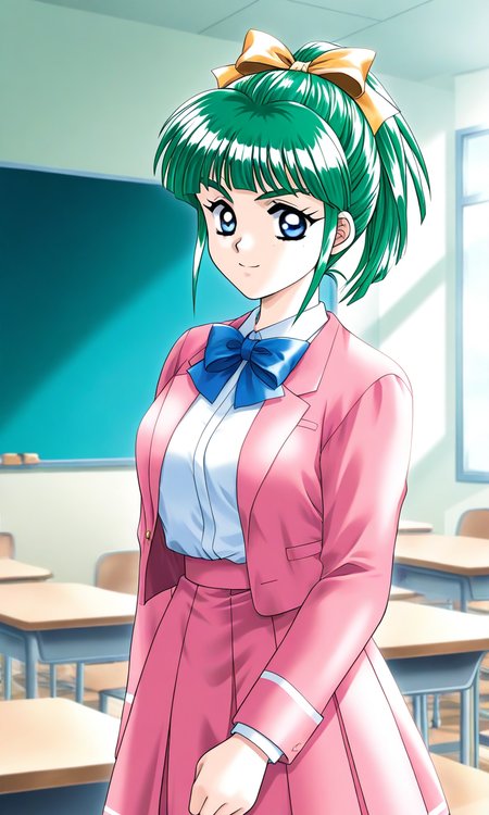 general,highres, ultra-detailed,very aesthetic,best quality ,best hands, BREAK <lora:Iijima_Miyuki_kakyuusei_Ver2.0_IS:1>
Iijima_Miyuki(kakyuusei), 1girl, solo, green hair, high ponytail,, bangs, short hair, blue eyes, hair ribbon,Yellow ribbon, breasts, 
classroom, indoors, pink jacket, blue line skirt,
chalkboard, looking at viewer, shirt, school uniform, jacket, blue bow, shirt tucked in, desk, 
bowtie, school desk, long sleeves, smile, pink skirt,