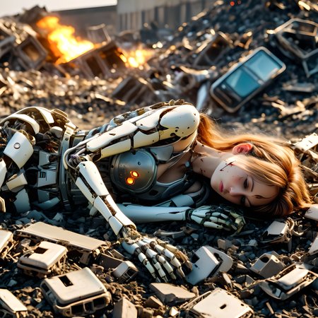 Realistic photo,Photo of a broken ruined android girl in a landfill, Broken and discarded android, ((body is broken with scares and holes))Hands and feet separated,half the face is android,laying on the ground, Dirty face and body,fire, <lora:brscprk_01-000010:0.5> <lora:dvr-cl-dvsn:0.5> <lora:Explosion Artstyle - Trigger is Explosion Artstyle:1>, (masterpiece,best quality:1),(8k,raw photo,photo realistic:1)
