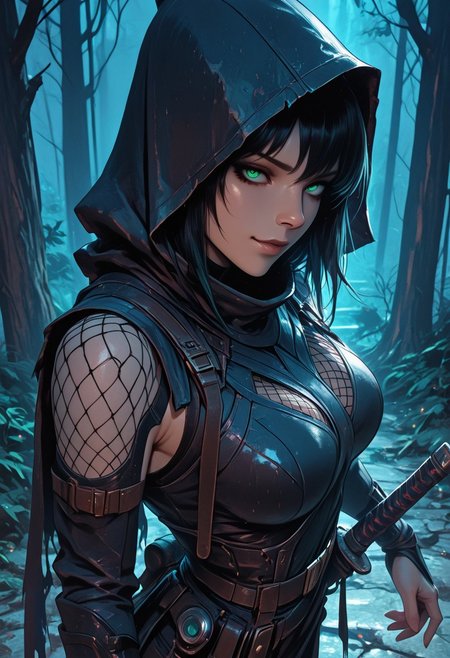 (masterpiece), (best quality), (ultra-detailed), 1girl, unique face, female ninja assassin, emerging from deep shadows, dramatic lighting, dark fabric and layered leather armor, hooded cloak, traditional ninja gear, sleeveless, fishnets under clothing, large breasts, slashed clothing, beautiful girl, detailed face, katana in hand, waist-up view, tense and silent movement, low pose, cinematic lighting from above, rain-slick stone walls, misty air, subtle fog, textured cloth, leather straps, Cocky and confident demeanor, Smirk, looking at viewer, ancient forest temple, night, at night, semi-realistic style, moody atmosphere, dramatic foreshortening, action shot, dynamic angle, unique angle,