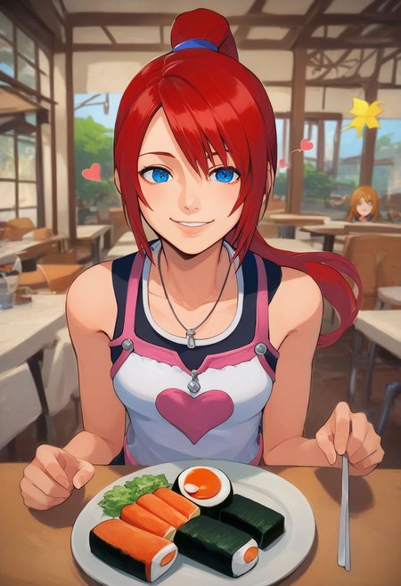 score_7_up, score_8_up, score_9, kairi, ponytail, kingdom hearts 2, long straight red hair, pov dating, innocent, Italian restaurant, smiling, hearts, happy, looking at viewer, sushi, , score_4_up, eye contact, looking at viewer, source_anime, traditional art, lineart, rating_safe, zPDXL, clear blue eyes,(4k quality, masterpiece):1.4),( best quality:1.1),