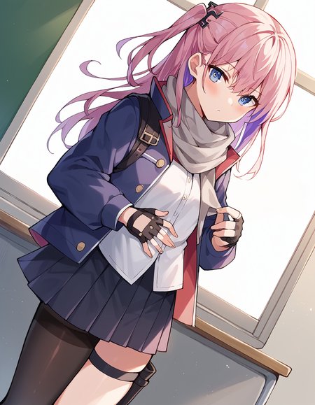 score_9, score_8_up, score_7_up, source_anime, <lora:girlsfrontline-st-ar-15-ponyxl-lora-nochekaiser:1>, st ar-15, blue eyes, hair ornament, long hair, multicolored hair, one side up, streaked hair, pink hair, purple hair,, asymmetrical legwear, black pantyhose, black socks, dress, fingerless gloves, gloves, grey scarf, holster, jacket, pantyhose, scarf, shirt, single leg pantyhose, single thighhigh, strap, thigh holster, thigh strap, thighhighs, uneven legwear, white shirt,, school, classrooms, students, teachers, learning, , hand on stomach, blush,, looking at viewer, solo,, dutch angle, cowboy shot