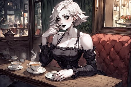 white skin,  <lora:NAHIRI:1> nahiri, 1girl, solo, short hair, breasts, bare shoulders, white hair, colored skin woman in a nice fancy dark dress is having tea in a cafe, cute, tea cups steaming <lora:FF_war_of_the_visions:1> goth girl, gothic cafe, black lipstick and goth makeup, sitting at a table with a booth seating, source_anime, score_9_up,  score_7_up, score_8_up